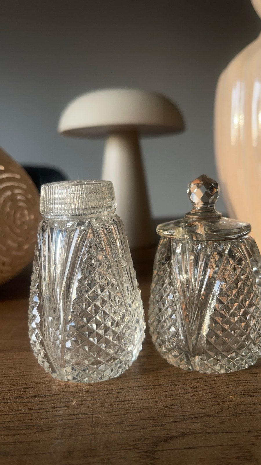 Vintage kristallen zout- en pepervaatjes set, Antiek en Kunst, Antiek | Glas en Kristal, Ophalen of Verzenden