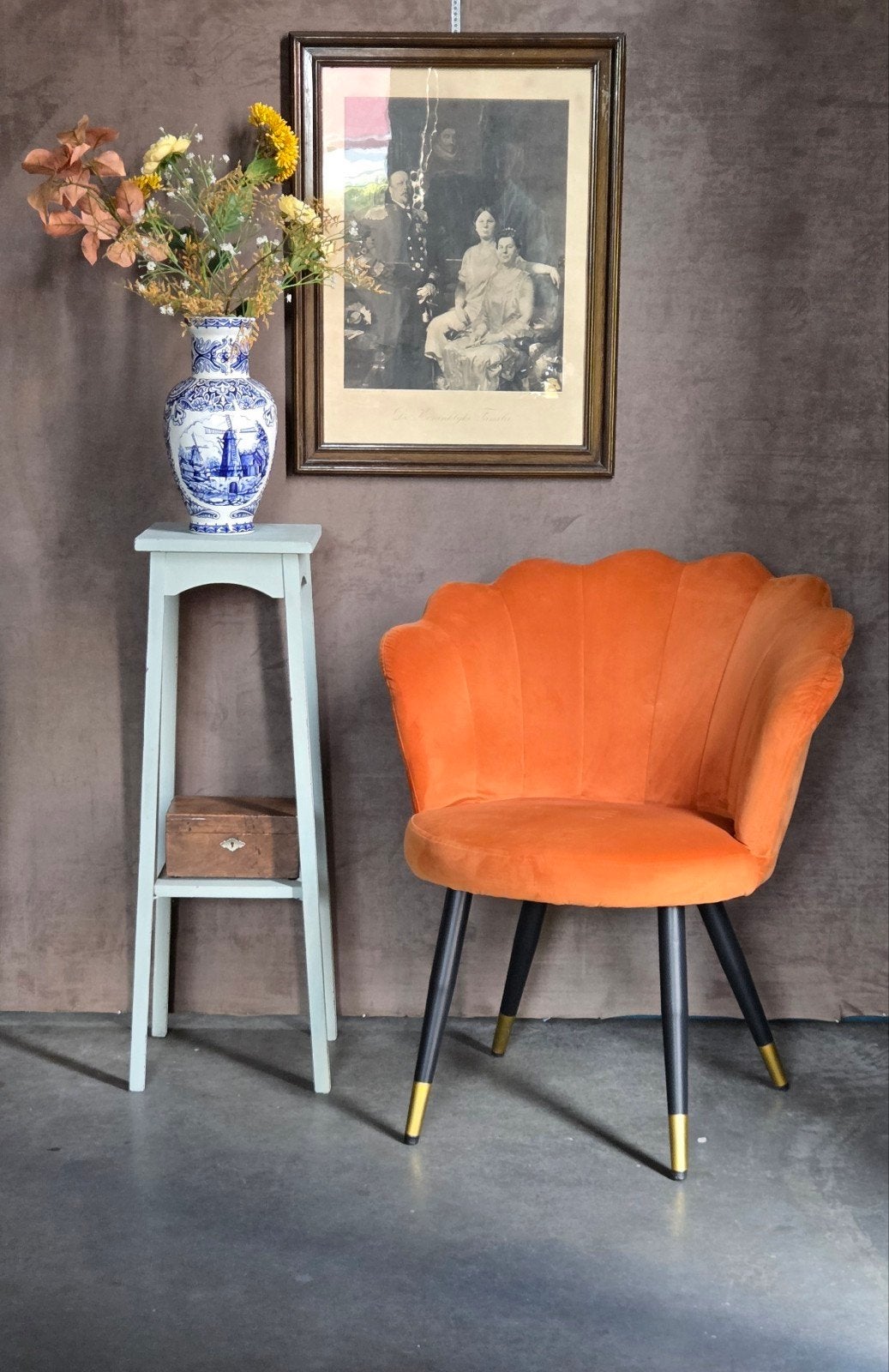 oranje velvet schelp stoel fauteuil!, 1 kruk, Ophalen, 60 tot 90 cm
