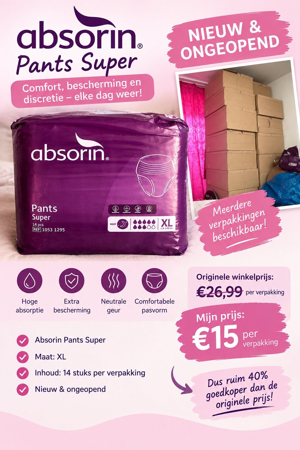 Absorin Pants Super XL – 14 stuks – nieuw en ongeopend, Verzenden, Nieuw