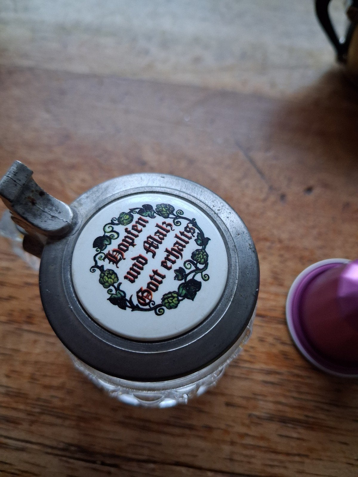 Antieke glazen  mini bierpul met tinnen deksel, Ophalen of Verzenden