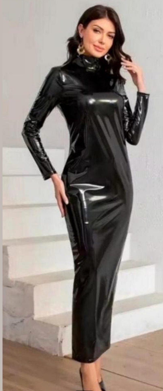Mooie lakjurk, tm 6XL, Verzenden, Nieuw, Zwart, Onder de knie