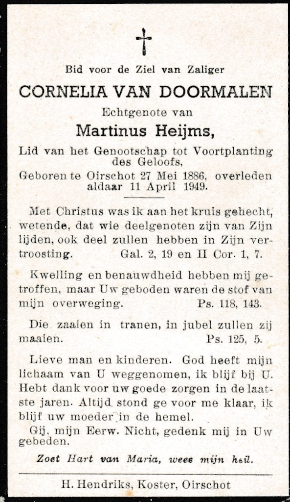 Doormalen Cornelia 1886 Oirschot 1949, Ophalen of Verzenden, Bidprentje