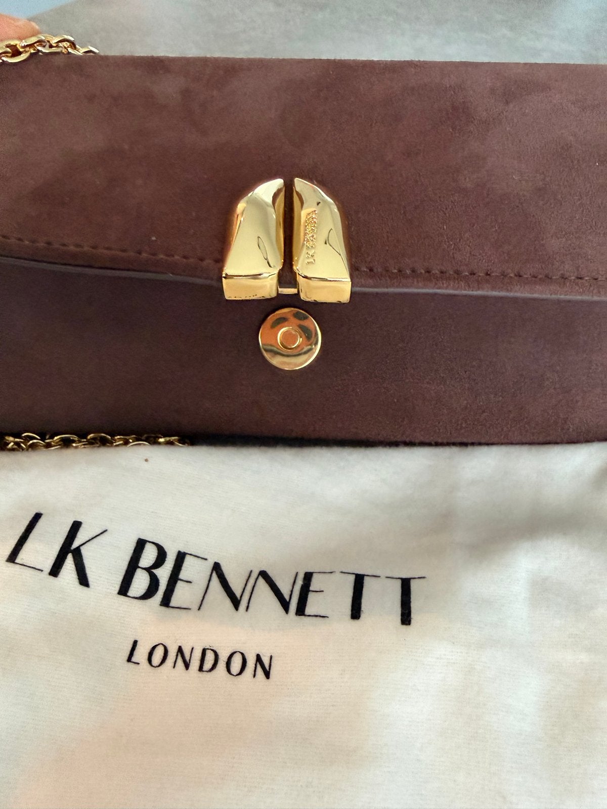 LK Bennett suède clutch/schoudertasje bruin, Ophalen of Verzenden, Zo goed als nieuw, Bruin, Avondtasje