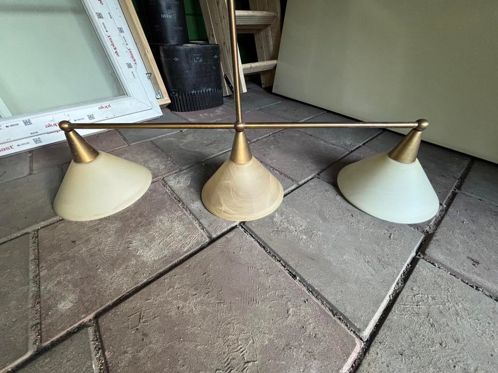 Steinhauer hanglamp – messing/brons + marmerglas, Ophalen, Gebruikt, Glas, Jaren '80