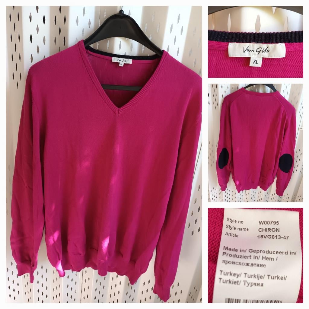 Van Gils V-hals herentrui fuchsia met elleboogstukken XL, Overige kleuren, Maat 56/58 (XL), Zo goed als nieuw, Van Gils