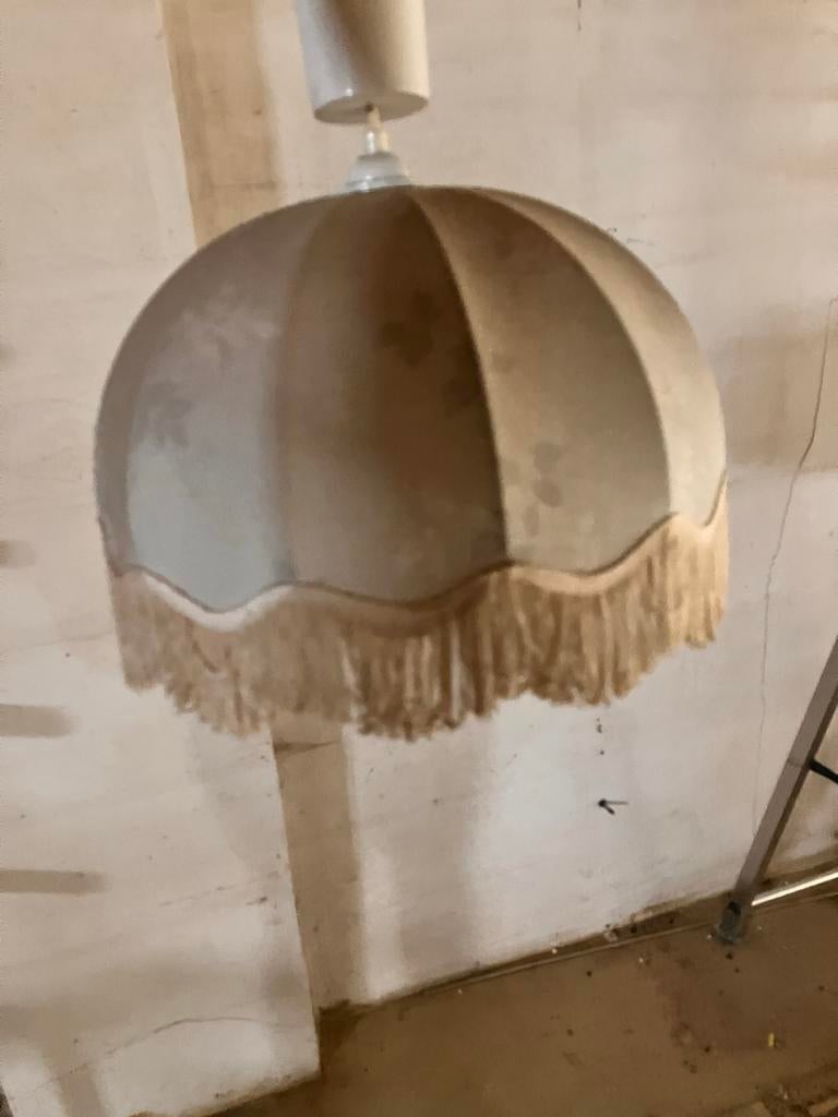 Vintage Hanglamp met Franjes - Crèmekleurig, Ophalen of Verzenden, Gebruikt, Stof, 50 tot 75 cm