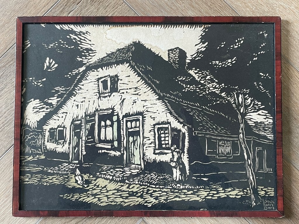 Paul van Dam - Veluwe - - Boerderij Houtsnede - P0221, Ophalen of Verzenden, Houtsnede, 1900 - 1949