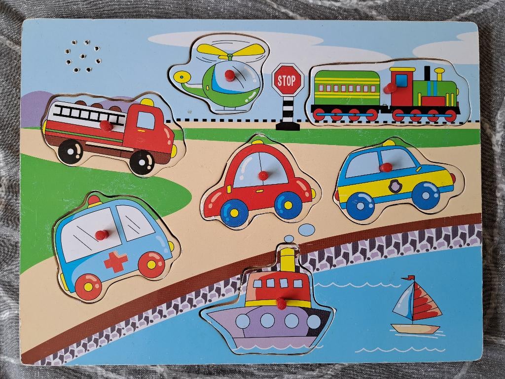 Houten puzzel voertuigen: auto, brandweer, ambulance, boot, Gebruikt, Ophalen of Verzenden, Van hout, Minder dan 10 stukjes