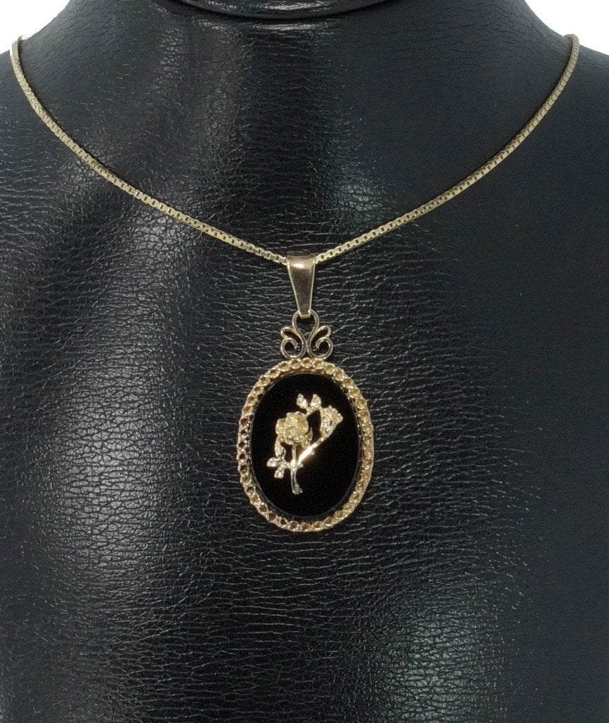 Onyx bloem 14k gouden ketting hanger vintage fraai luxe, Ophalen of Verzenden, Goud, Hanger, Met edelsteen