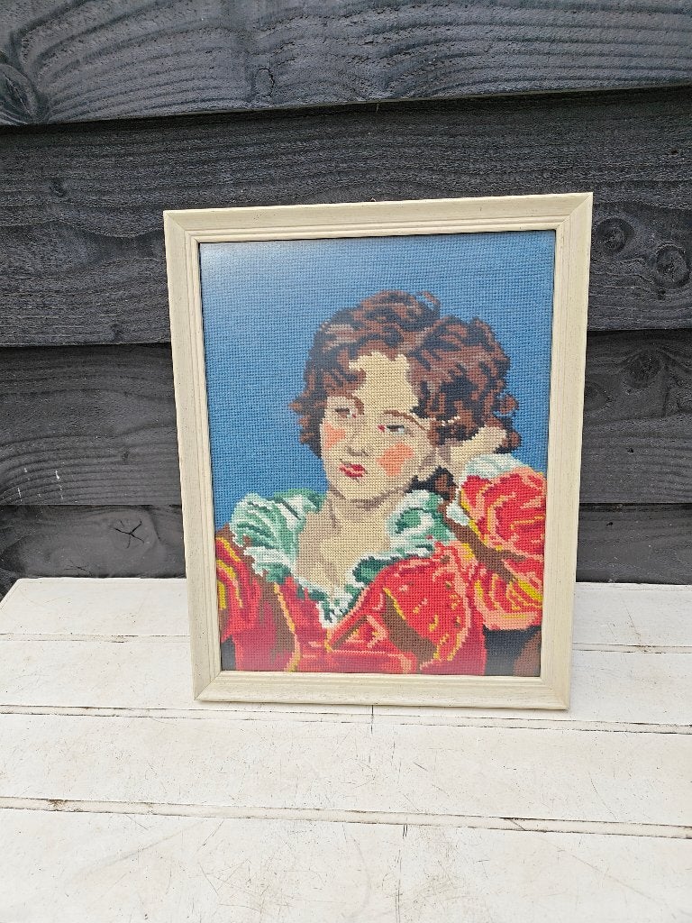 geborduurd 'schilderij' met dromerige vrouw, Meerkleurig, Ingelijst, Ophalen of Verzenden, Zo goed als nieuw