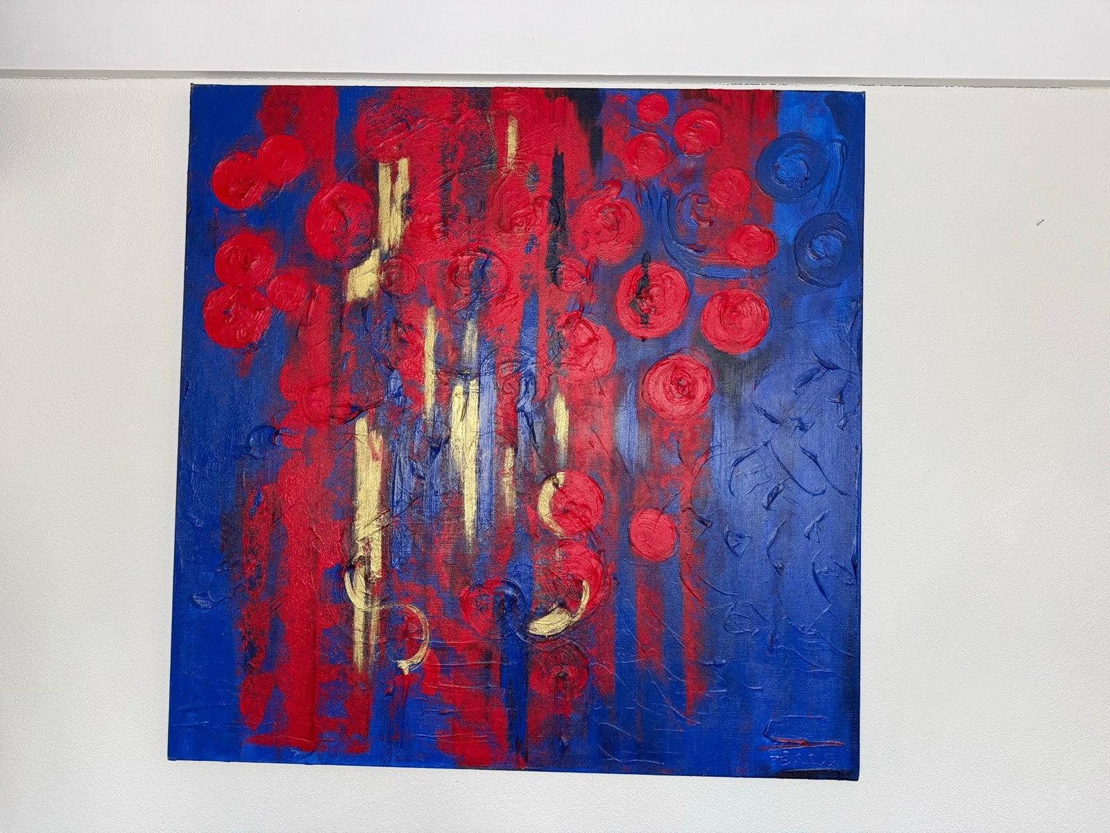 Gesigneerd Schilderij 100x100 cm - Abstract Rood Blauw Goud, Antiek en Kunst, Ophalen