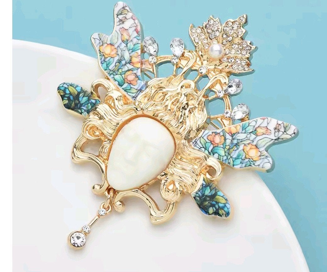 Nieuwe Broche met Gezicht en Bloemmotief, Sieraden, Tassen en Uiterlijk, Overige materialen, 4 tot 7 cm, Met edelsteen, Nieuw