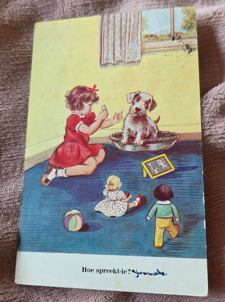 Meisje in rode jurk die klein hondje kunstjes leert, Verzenden, 1940 tot 1960, Gelopen, Kinderen