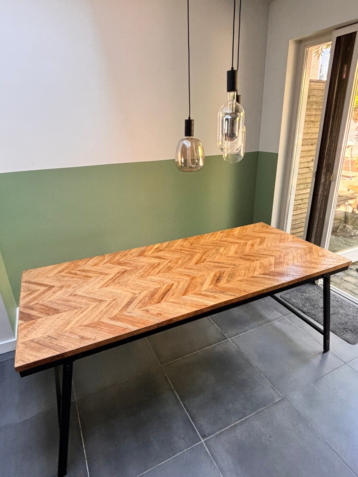 KARWEI eettafel Mateo visgraat teakhout 200 x 90 cm, Huis en Inrichting, Ophalen, Gebruikt, Teakhout, 200 cm of meer