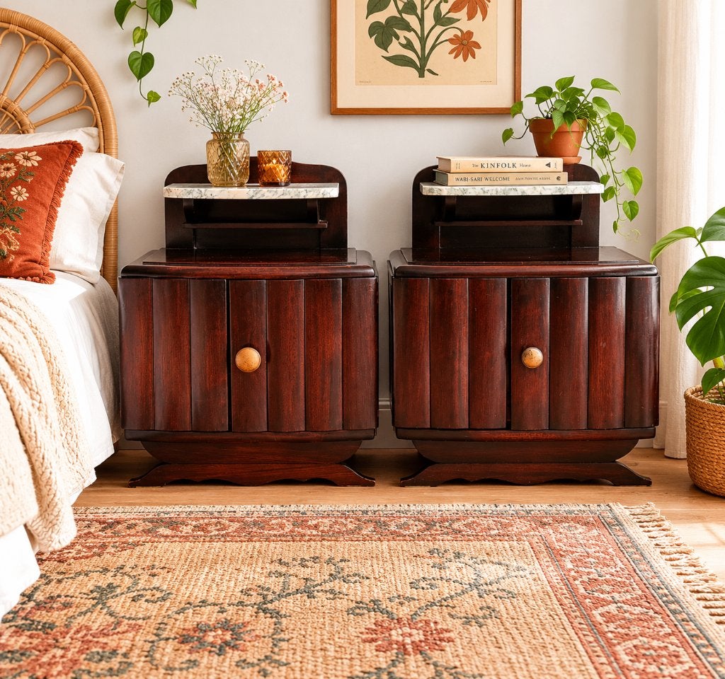 Set Franse Art Deco Vintage Nachtkastjes met Marmer Jaren 30, Huis en Inrichting, Slaapkamer | Nachtkastjes, Zo goed als nieuw