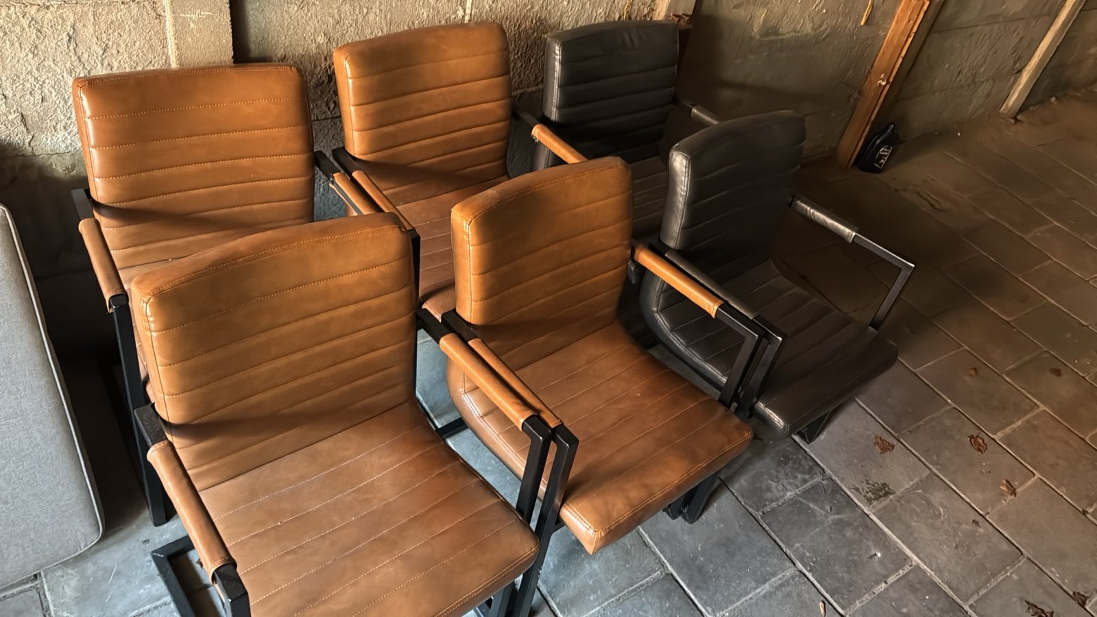 Set van 6 Industriële Eetkamerstoelen - Leer & Metaal, Ophalen, Gebruikt, Bruin, Leer