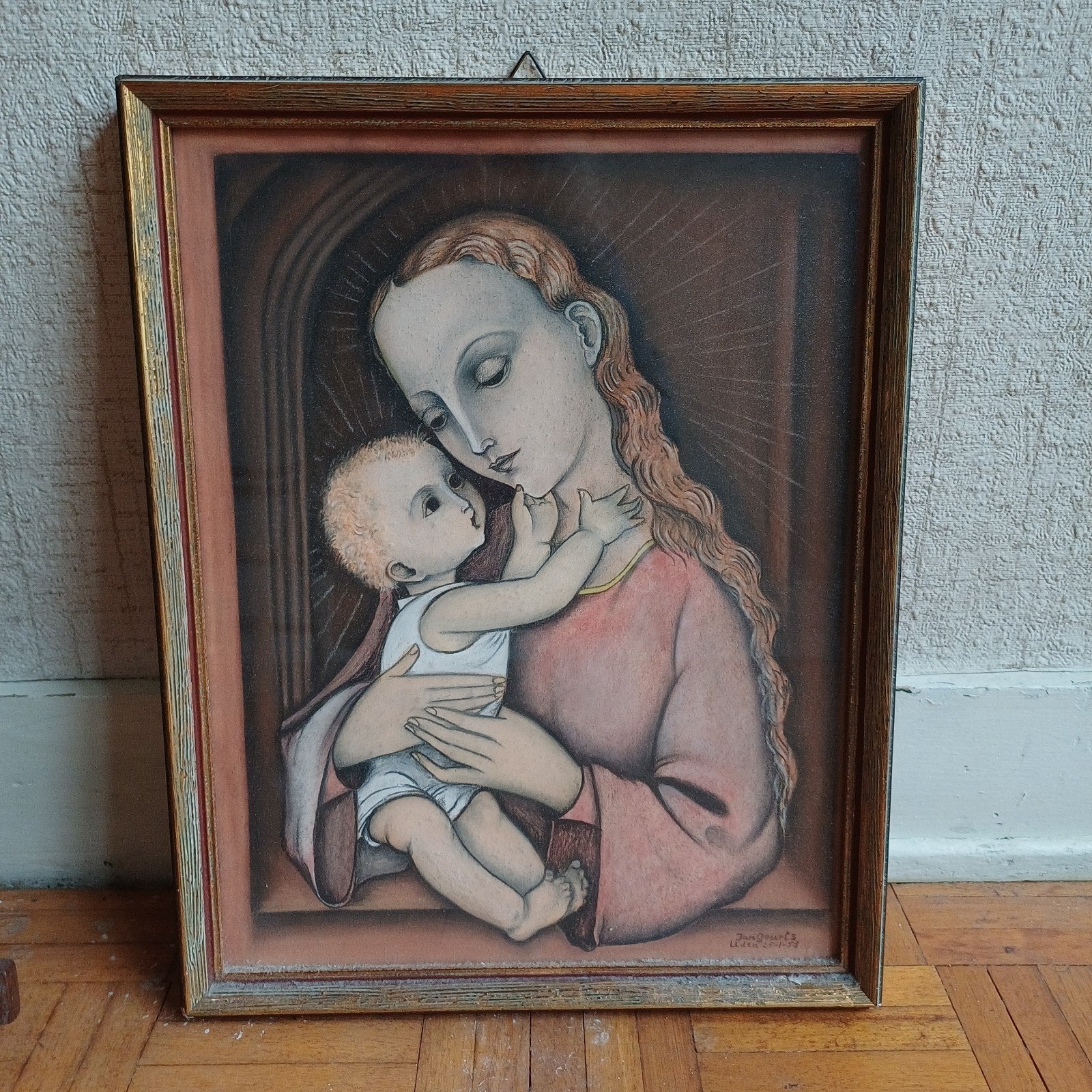 Vintage Madonna met Kind schilderij, gesigneerd, Ophalen