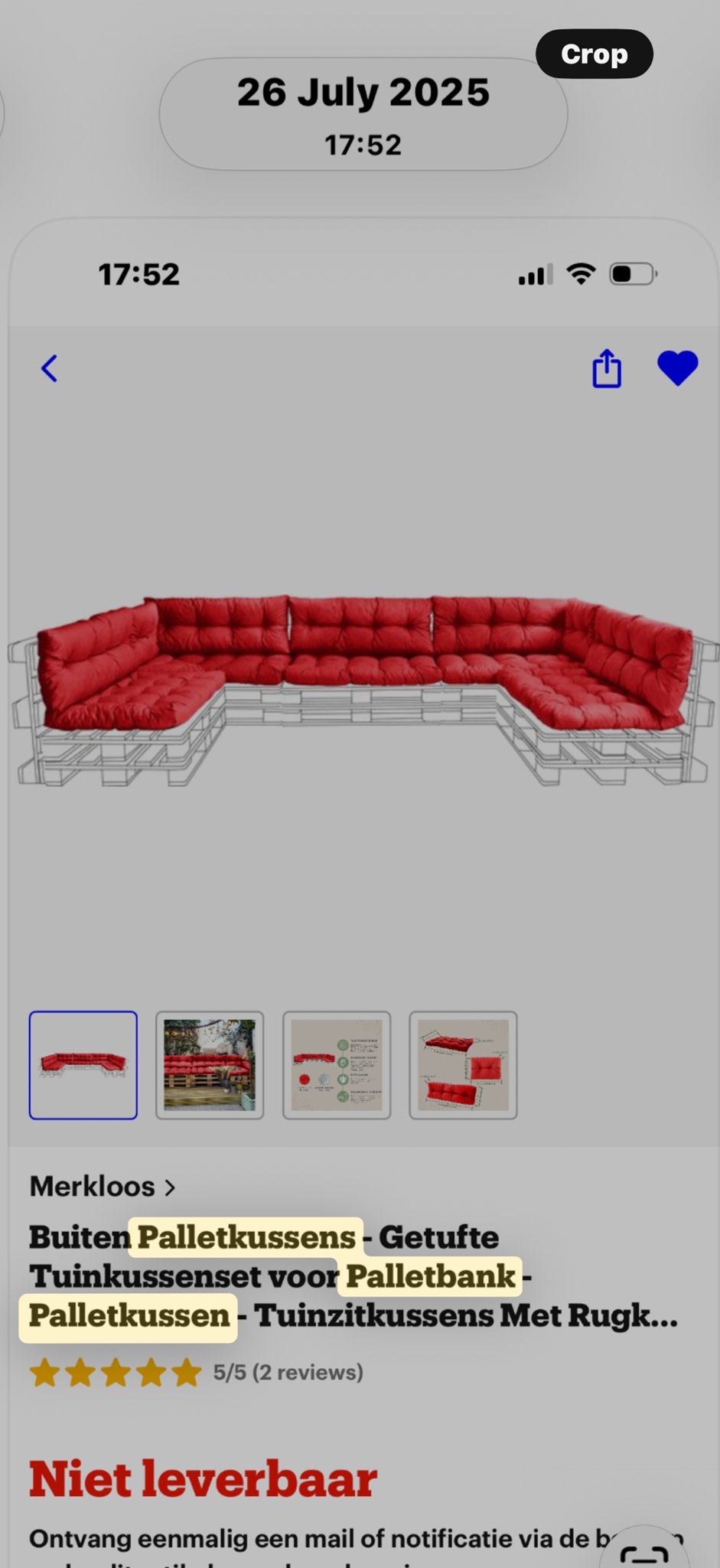 Pallets en kussens voor loungebank (geen europallets), Ophalen, Gebruikt, Palletkussen, Rood
