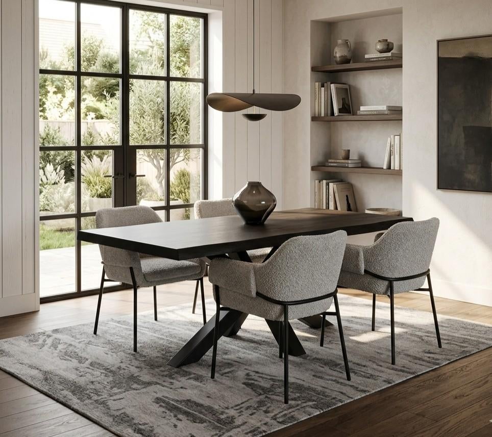 Boomstamtafel ca.200x100cm incl. 4 kuipstoelen taupe boucle, Huis en Inrichting, Tafels | Eettafels, Nieuw, 50 tot 100 cm, 200 cm of meer