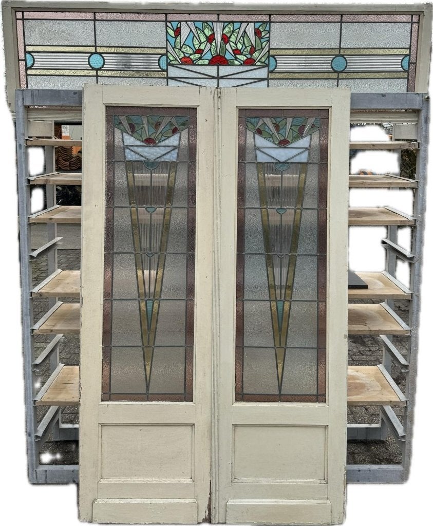 Set openslaande deuren / bovenlicht jugendstil glas in lood., Ophalen