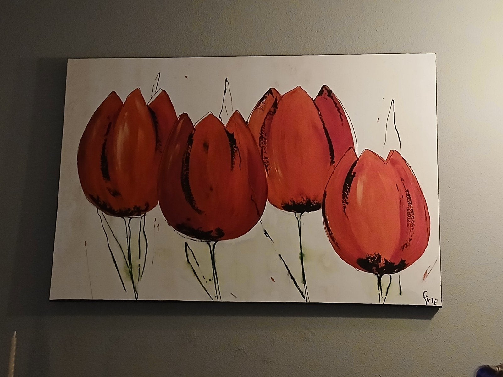Schilderij met rode tulpen - 1.50x1.0 meter, Ophalen, Handgeschilderd, Olieverf, Bloemen