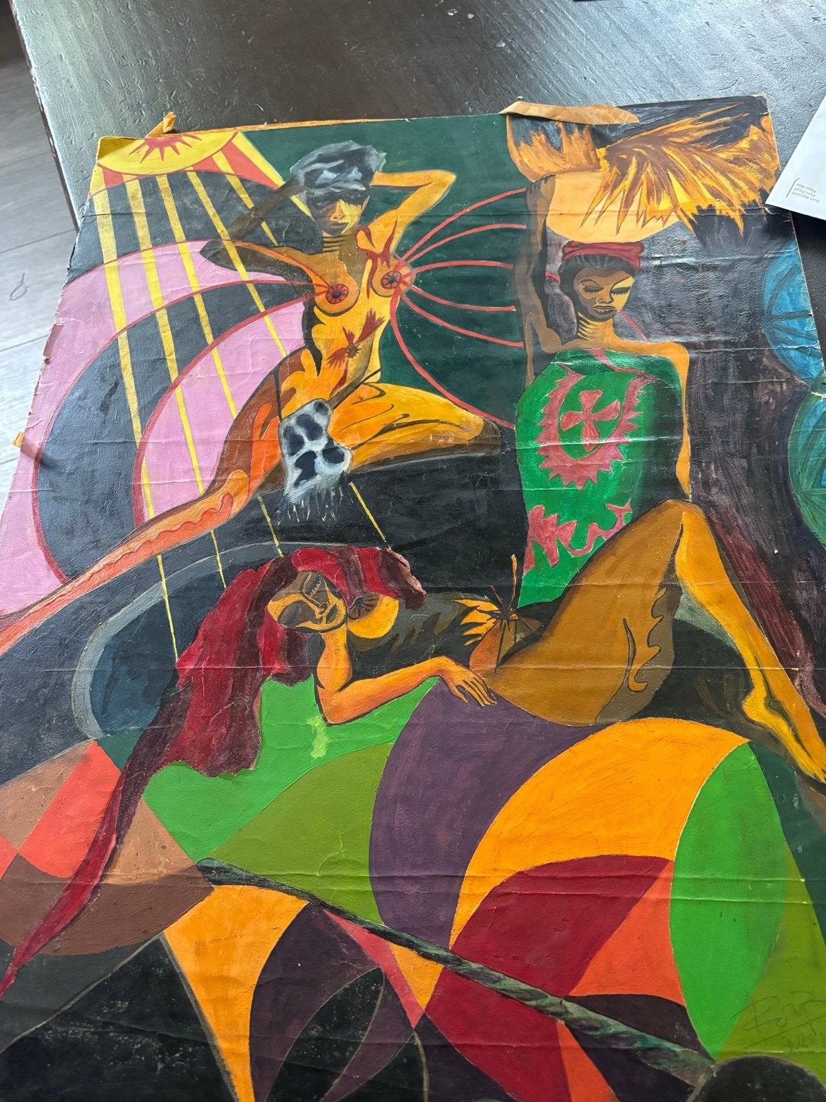 Modern schilderij met figuren en abstracte elementen, Antiek en Kunst, Kunst | Schilderijen | Modern, Ophalen, Papier/karton, Gesigneerd