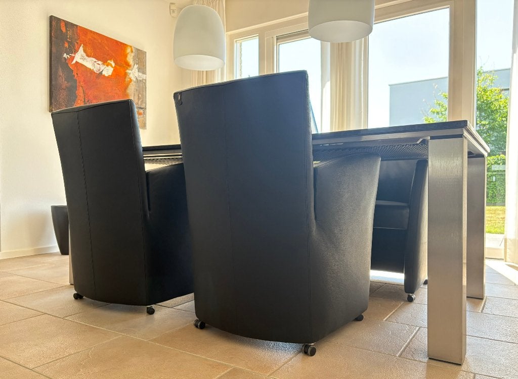 4 stuks luxe eetkamerfauteuils, Valdalpone leder, zwart, Ophalen, Gebruikt, Minder dan 75 cm, Leer