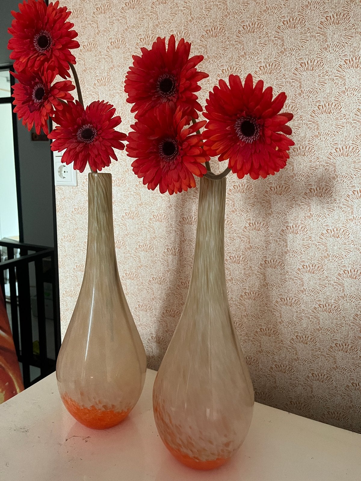 Set van 2 handgeblazen vazen ivoor met oranje gloed, Ophalen, Handgemaakt, Beige, Glas