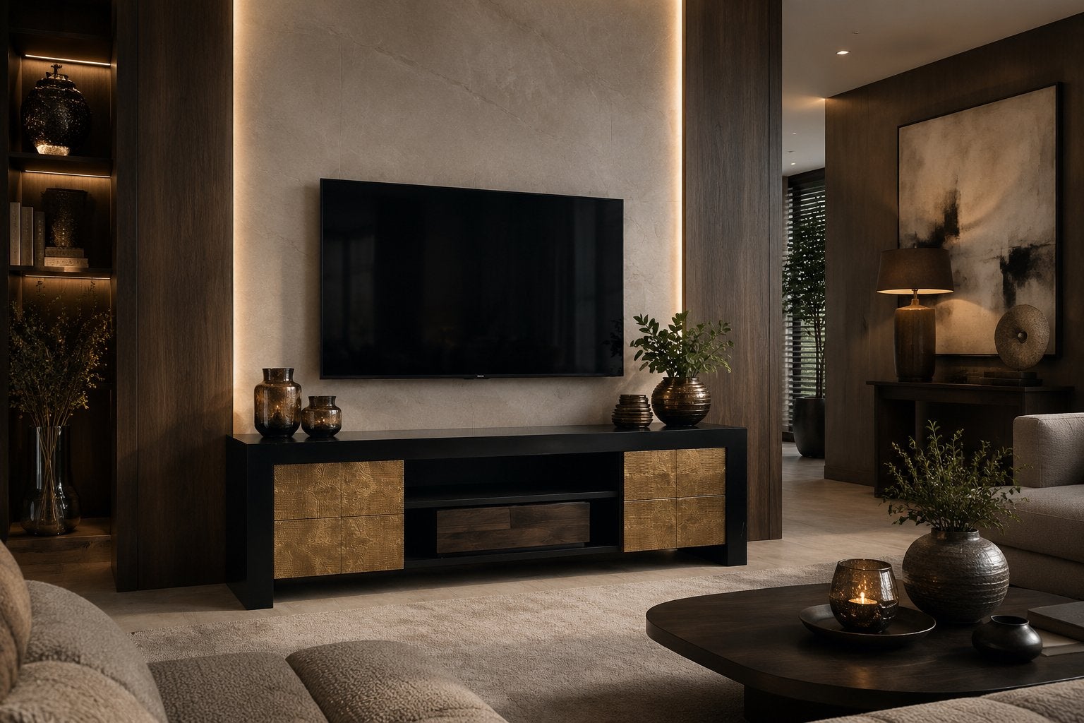 Tv-meubel met gouden accenten - Erik Kusters / Hotel chique, Huis en Inrichting, 150 tot 200 cm, Ophalen of Verzenden, Zo goed als nieuw