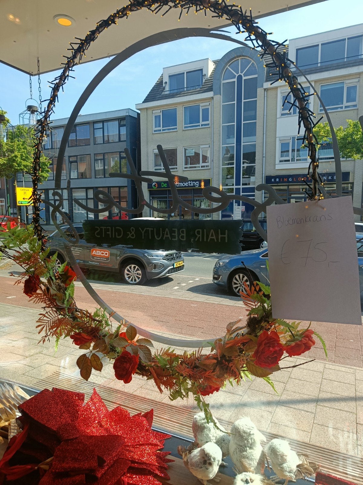 Krans met kunstbloemen en verlichting - 1 meter doorsnede, Ophalen