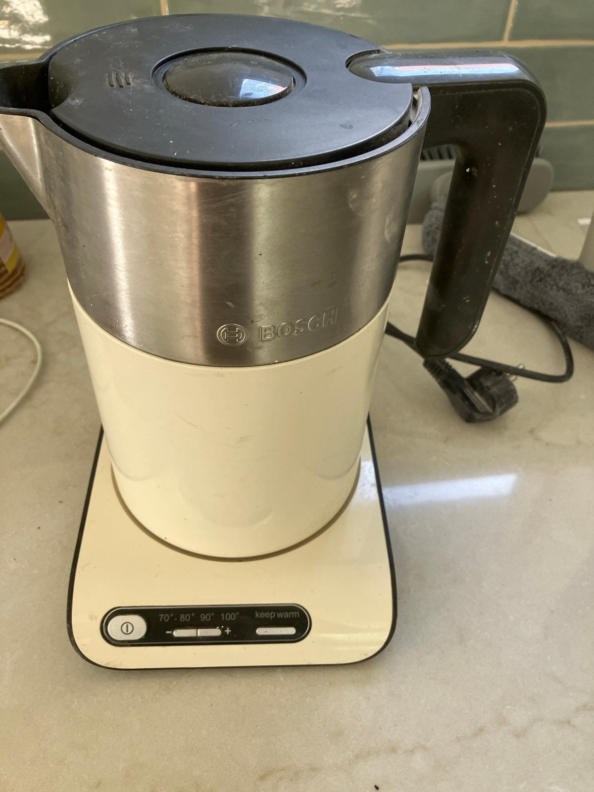 Bosch waterkoker met temperatuurregeling, 1 tot 2 liter, Ophalen of Verzenden, Gebruikt, Draadloos