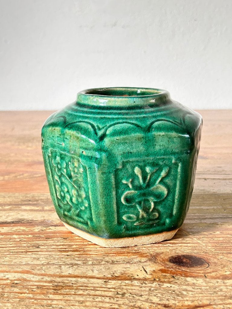 Gemberpot / vaas - groen geglazuurd - decor bloemen, Antiek en Kunst, Antiek | Keramiek en Aardewerk, Ophalen of Verzenden