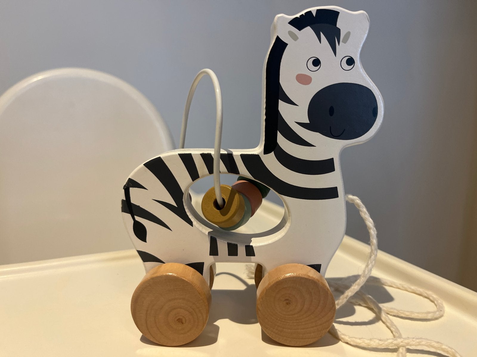 Houten zebra trekdier met kralenbaan, Ophalen, Zo goed als nieuw, Overige typen, Met wieltjes