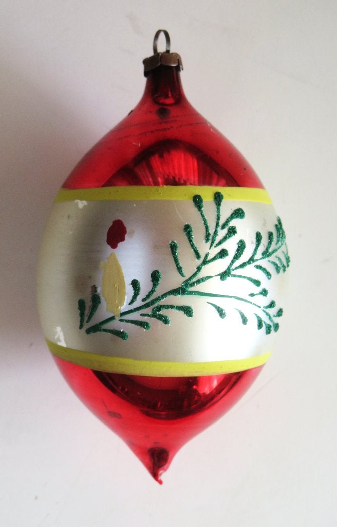 Oude Kerstbal met Kaars en Kersttak zilver rood gele rand, Ophalen of Verzenden