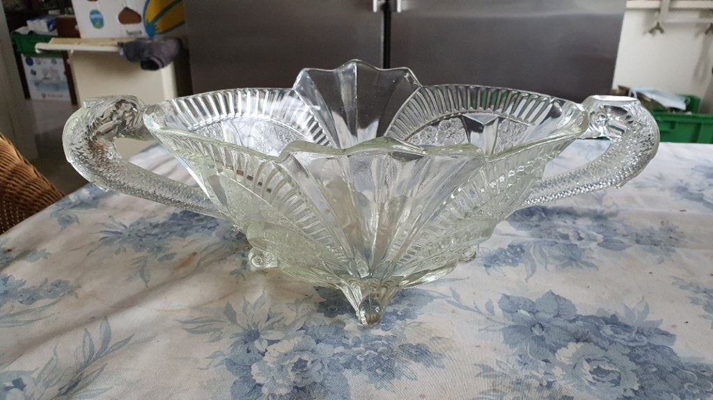 Charle Graffard R.Q.D 1937-1939.Fruitschaal van geperst glas, Ophalen, Met handvatten, Schaal, Rechthoekig