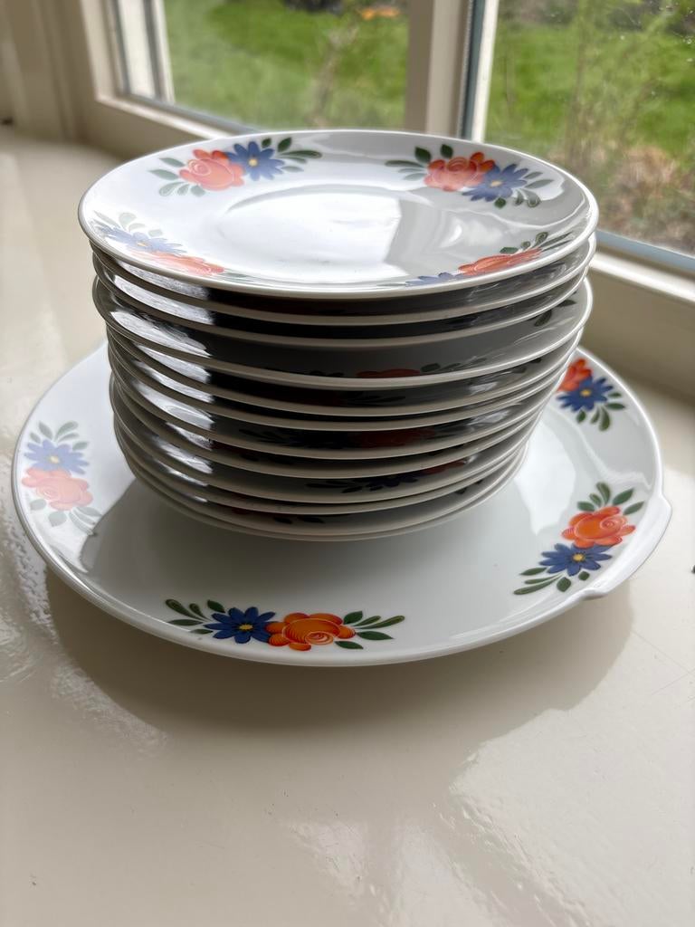 Set van 12 gebaks Gebloemde Borden - Vintage Servies, Huis en Inrichting, Keuken | Servies, Ophalen, Gebruikt, Keramiek, Bord(en)