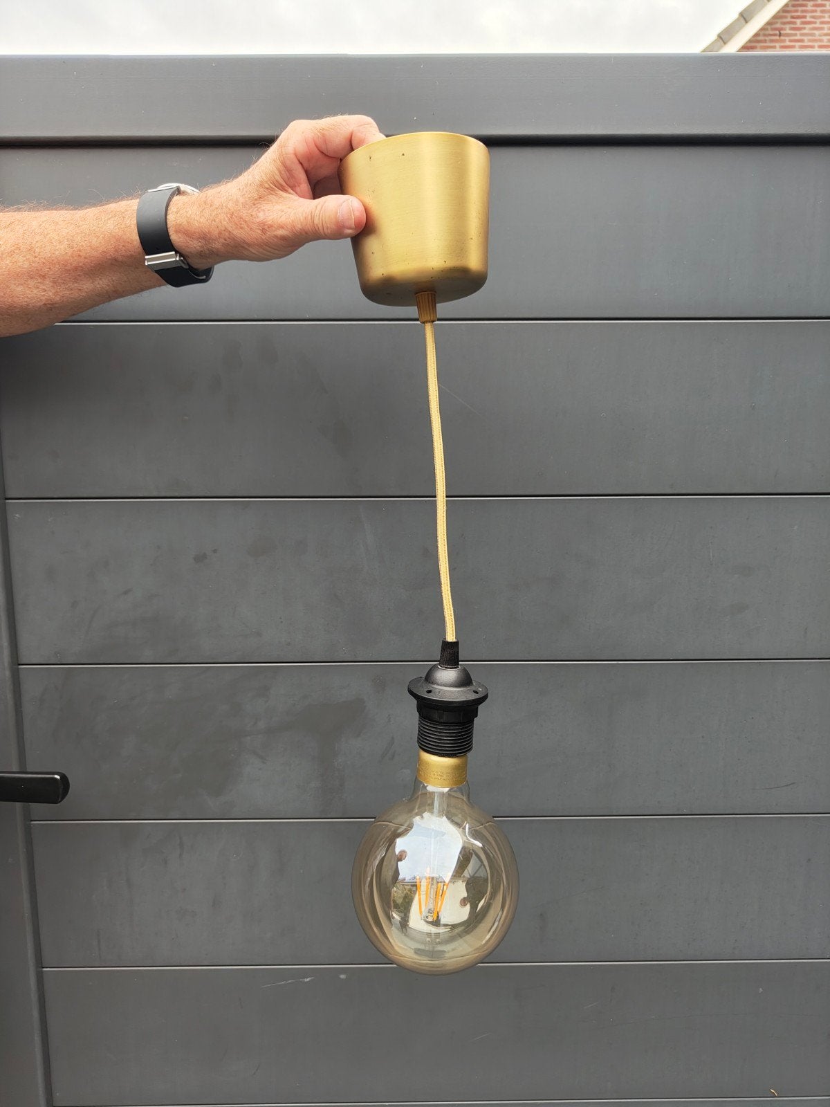 Goudkleurige hanglamp met warm licht – vintage/retro, Ophalen, Gebruikt, Inclusief lichtbron, Hanglamp