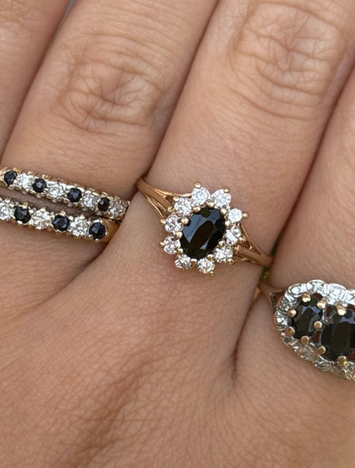 Vintage 9 karaat gouden cluster ring met saffier en zirconia, Sieraden, Tassen en Uiterlijk, Ringen, Verzenden, Zo goed als nieuw