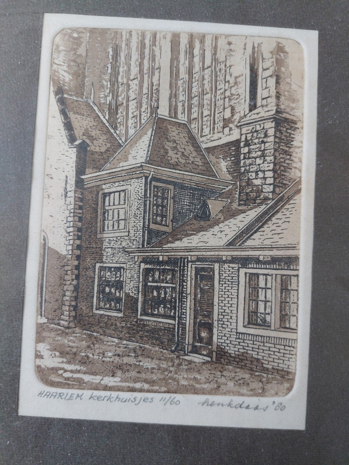 Ets Haarlem kerkhuisjes, gesigneerd Henk Daas '80, Stadsgezicht, Ophalen of Verzenden, Genummerd, 1950 - 1999