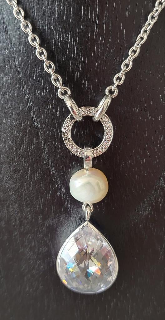 Merii gerhodineerd zilver 925 collier met zirkonia en parel, Sieraden, Tassen en Uiterlijk, Kettingen, Met edelsteen, Ophalen of Verzenden