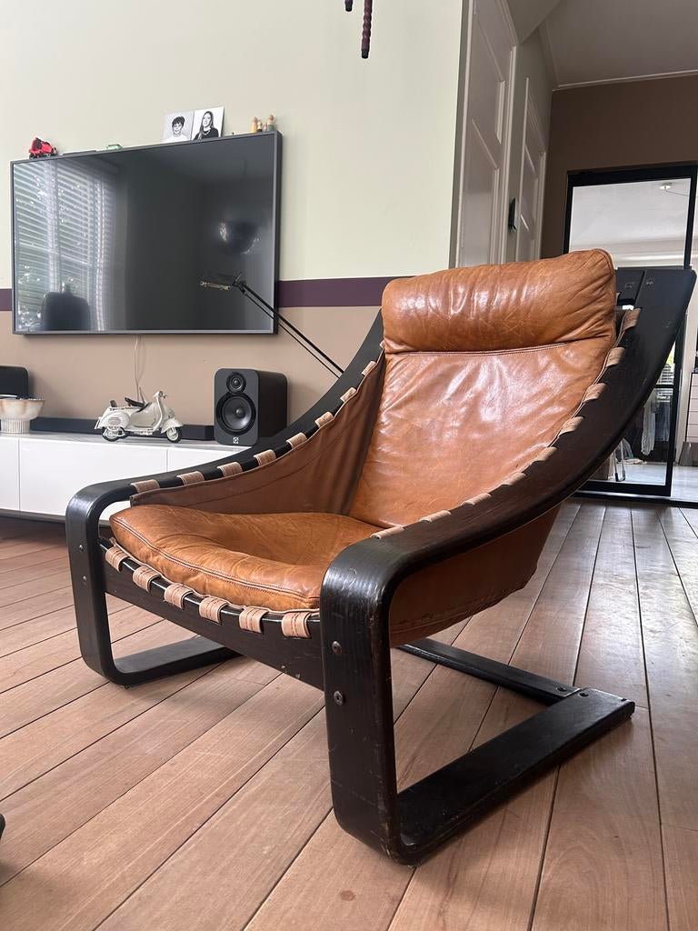 Vintage Leren design Fauteuil - Zwart Hout & Cognac Leer, Ophalen, Gebruikt, Zwart, Eén