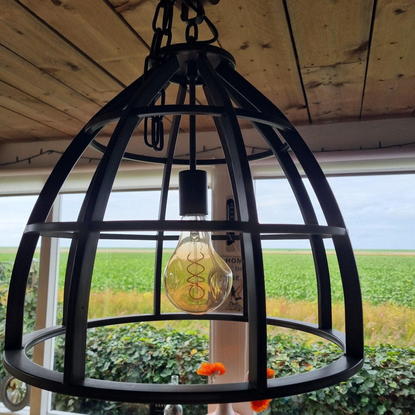 Industriële hanglamp met houten katrol - Zwart metaal, Ophalen, Zo goed als nieuw, Metaal