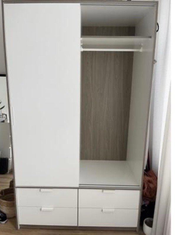 Ikea Trysil witte kledingkast met schuifdeuren en lades, Ophalen, Gebruikt, 100 tot 150 cm, 200 cm of meer
