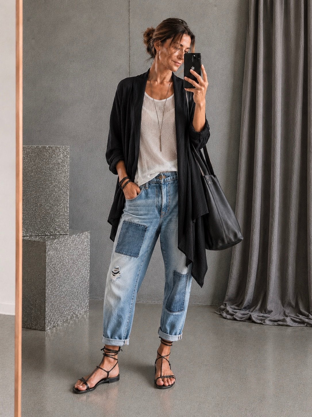 Current/Elliott baggy jeans met patches en gaten, maat 36, Verzenden, Zo goed als nieuw, Blauw, W28 - W29 (confectie 36)