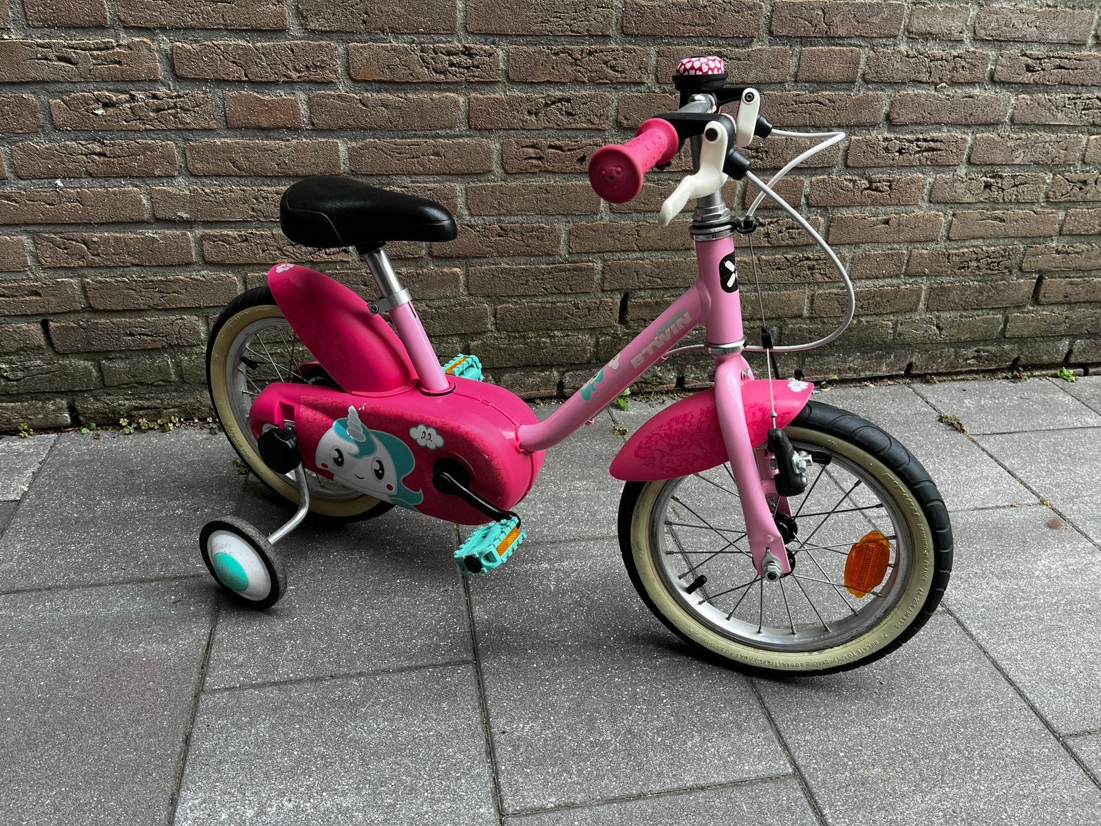 BTWIN unicorn 14 inch roze kinderfiets, Ophalen, Zijwieltjes, Gebruikt, Velgrem