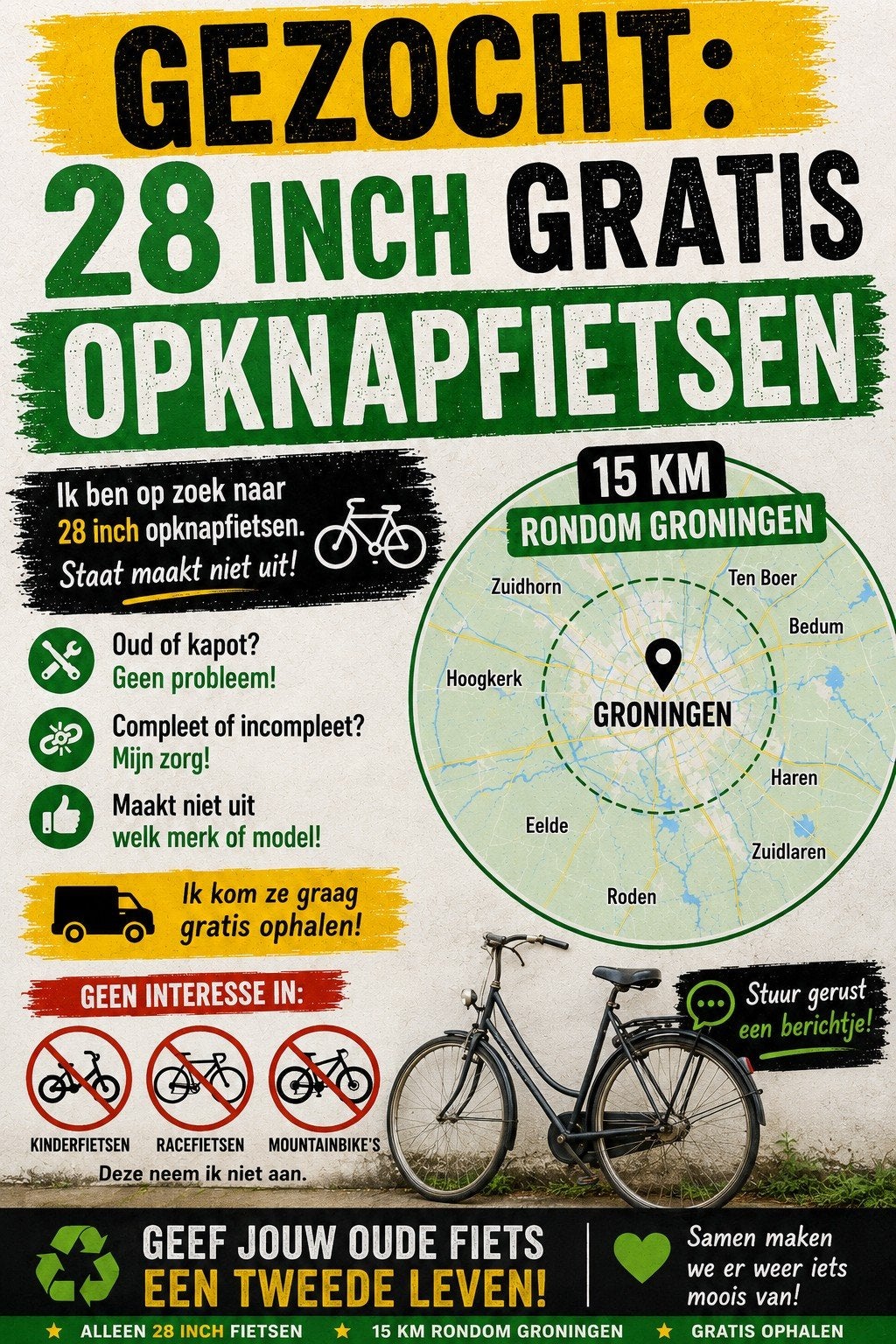 gezocht gratis 28inch opknap fietsen, Ophalen, Gebruikt, Overige merken