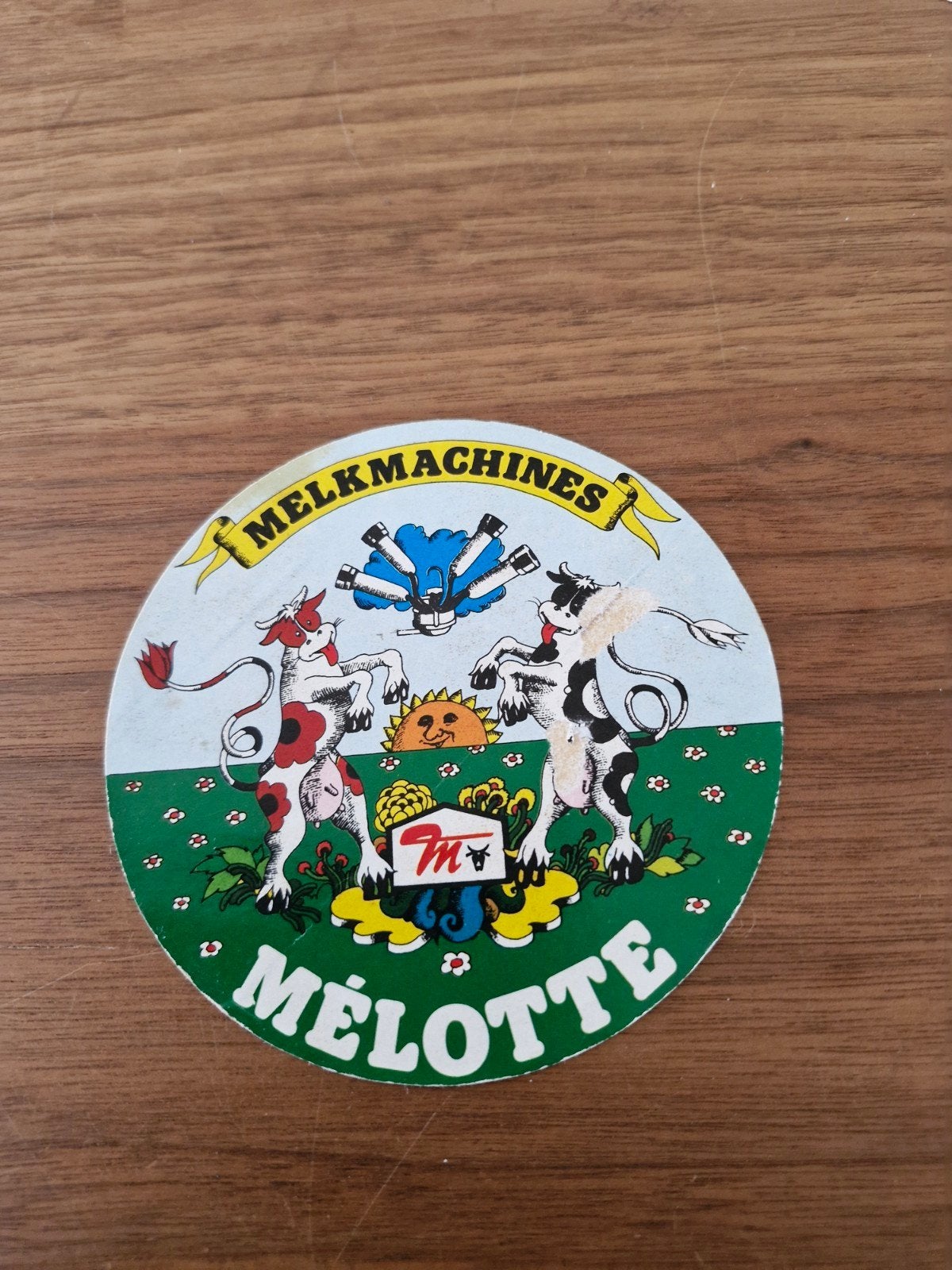 11171 Vintage Melotte Melkmachines Sticker - Koeien en Zon, Ophalen of Verzenden, Gebruikt, Overige typen