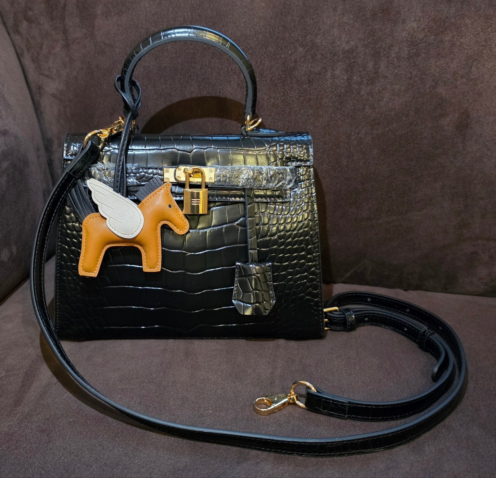 Damestas 25 cm kelly krokodillenprint, Sieraden, Tassen en Uiterlijk, Tassen | Damestassen, Ophalen of Verzenden, Nieuw, Zwart