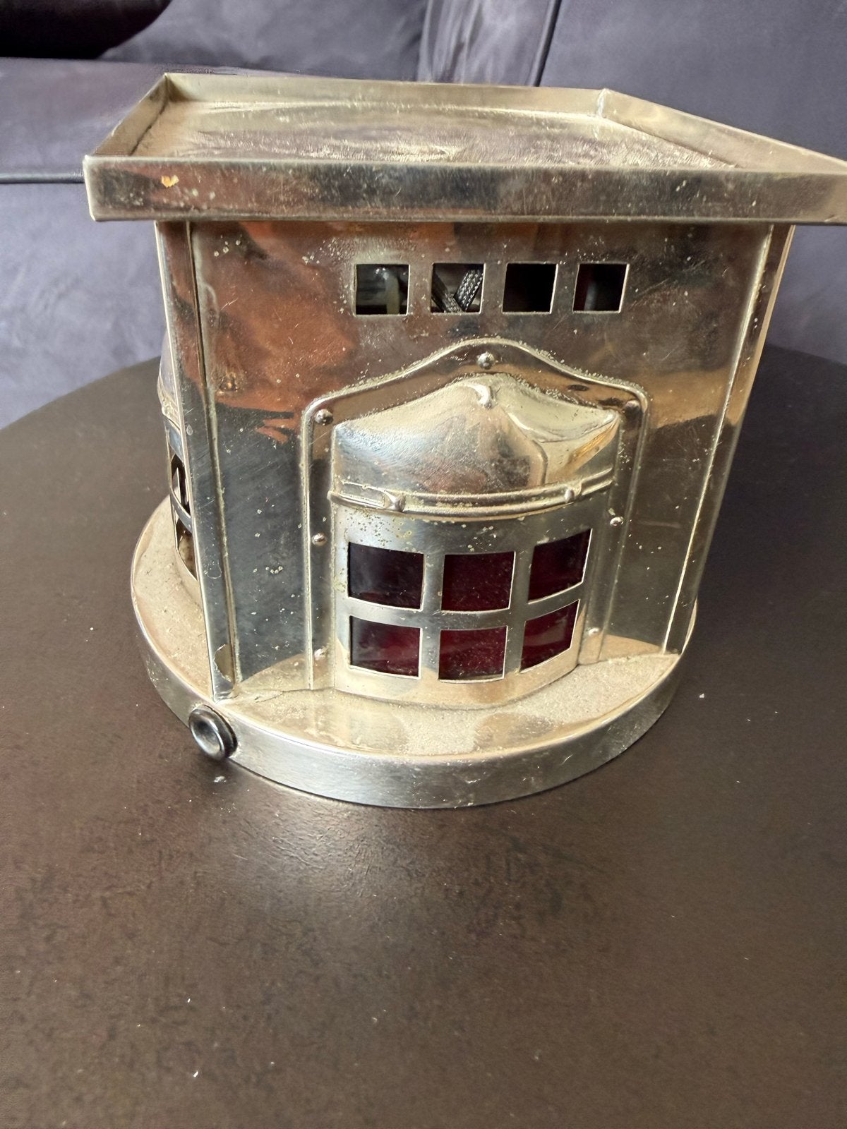 Vintage metal huisje/lantaarn met rode ramen, Ophalen of Verzenden