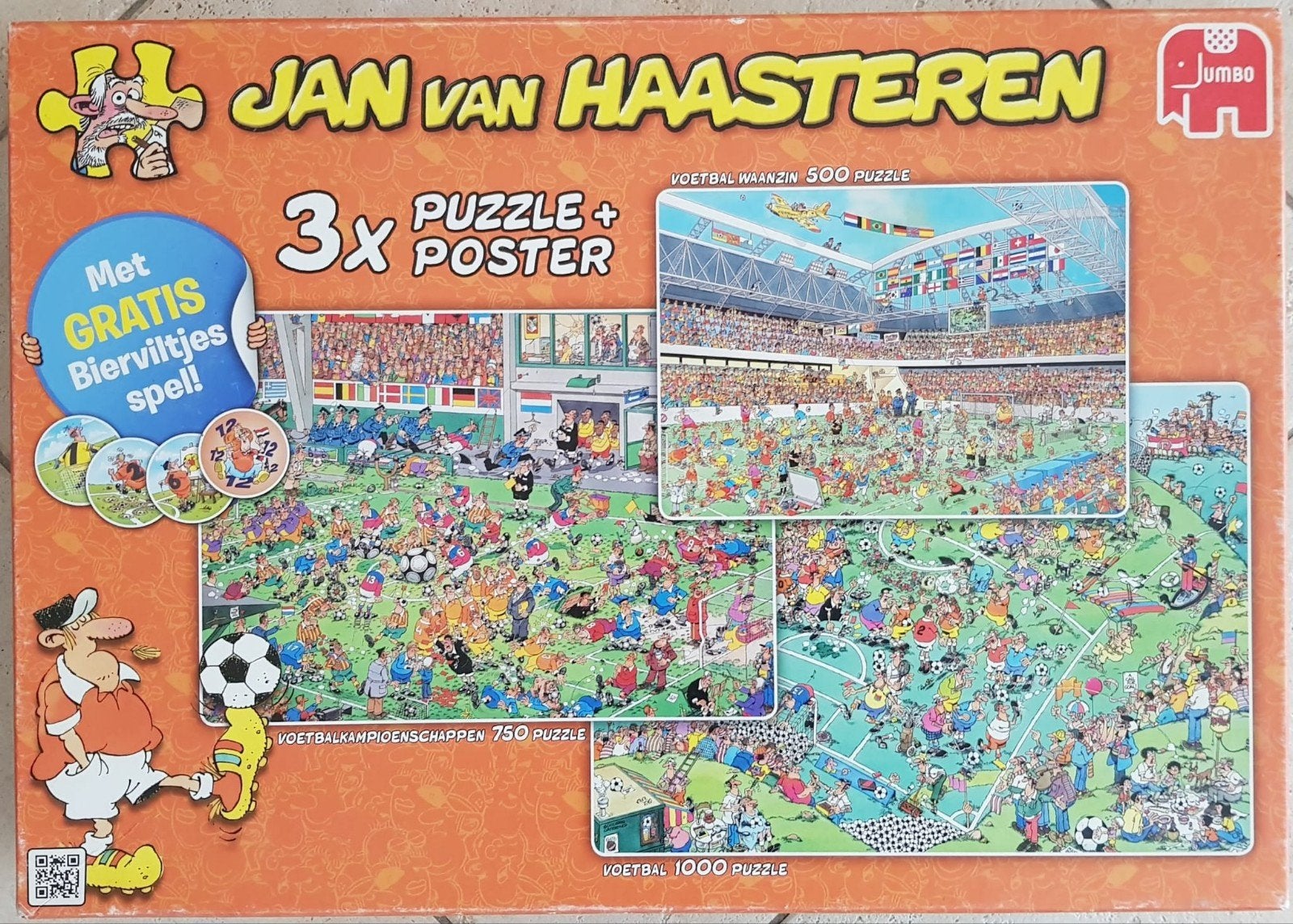 Jan van Haasteren WK Voetbal doos met 3 Puzzels 500 750 1000, Ophalen of Verzenden, 500 t/m 1500 stukjes, Gebruikt, Legpuzzel